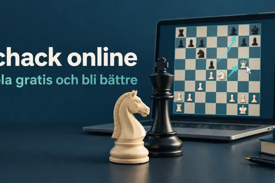 En vit springare och en svart kung framför en bärbar dator med ett digitalt schackbräde och texten ”Schack online – Spela gratis och bli bättre”.