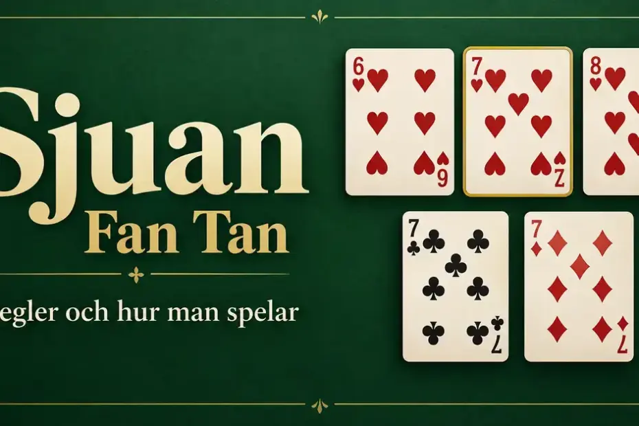 Illustration av kortspelet Sjuan med hjärter sex, sju och åtta samt klöver sju och ruter sju på grön bakgrund intill texten ”Sjuan – Fan Tan – Regler och hur man spelar”.