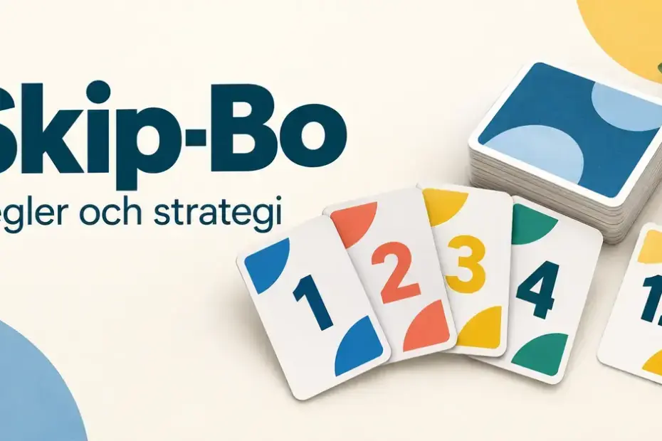 Illustration med färgglada numrerade kort och en kortlek bredvid texten ”Skip-Bo – Regler och strategi”.