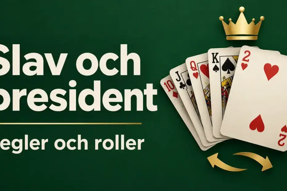 Spelkort med hjärter två överst, en gyllene krona och pilar för kortbyte på grön bakgrund intill texten ”Slav och president – Regler och roller”.