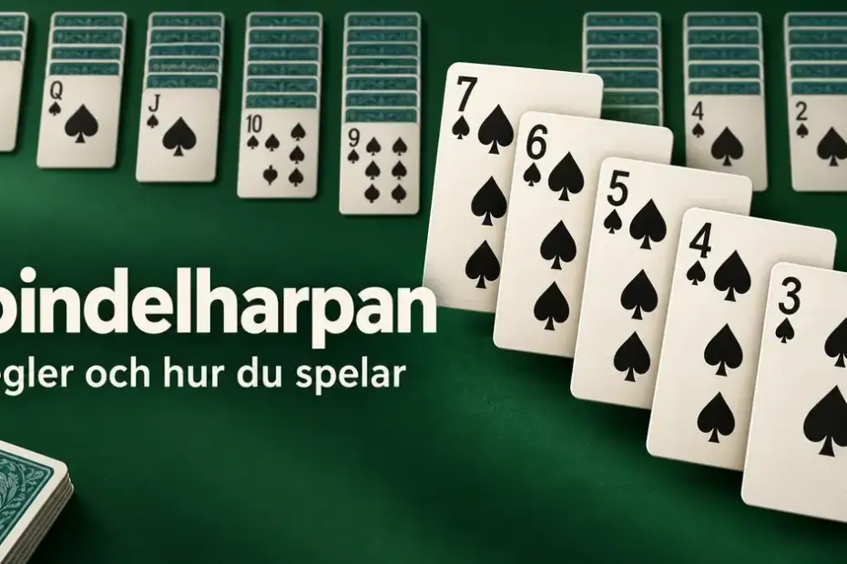 Spaderkort i fallande följd på ett grönt spelbord med rubriken Spindelharpan och texten Regler och hur du spelar.