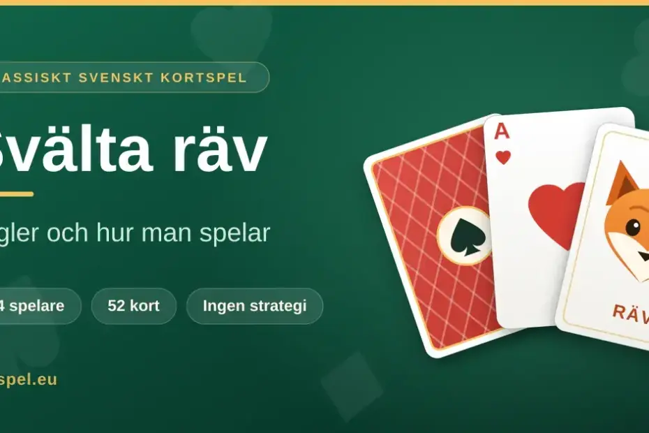 Illustration för kortspelet Svälta räv med tre spelkort – ett rött kortryggsmönster, hjärter ess och ett kort med ett rävansikte – bredvid texten "Svälta räv – regler och hur man spelar".