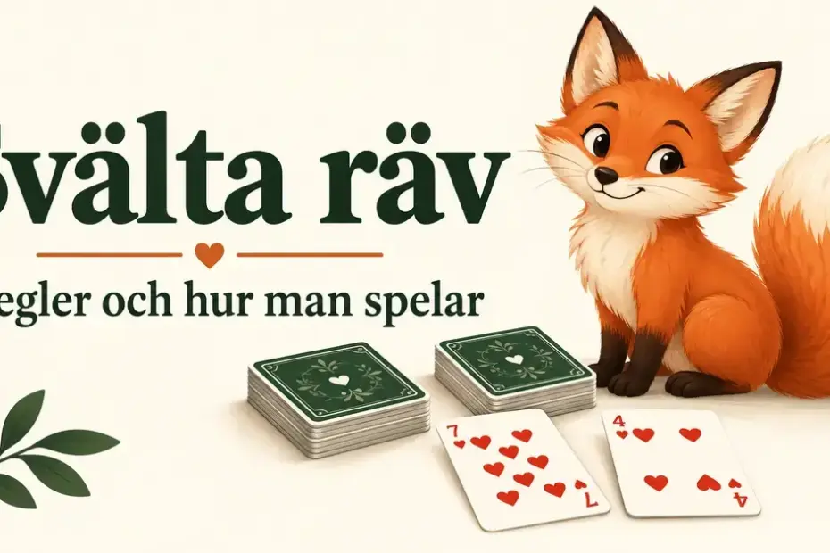 En illustrerad orange räv sitter bredvid två korthögar och uppvända hjärterkort under rubriken ”Svälta räv – Regler och hur man spelar”.