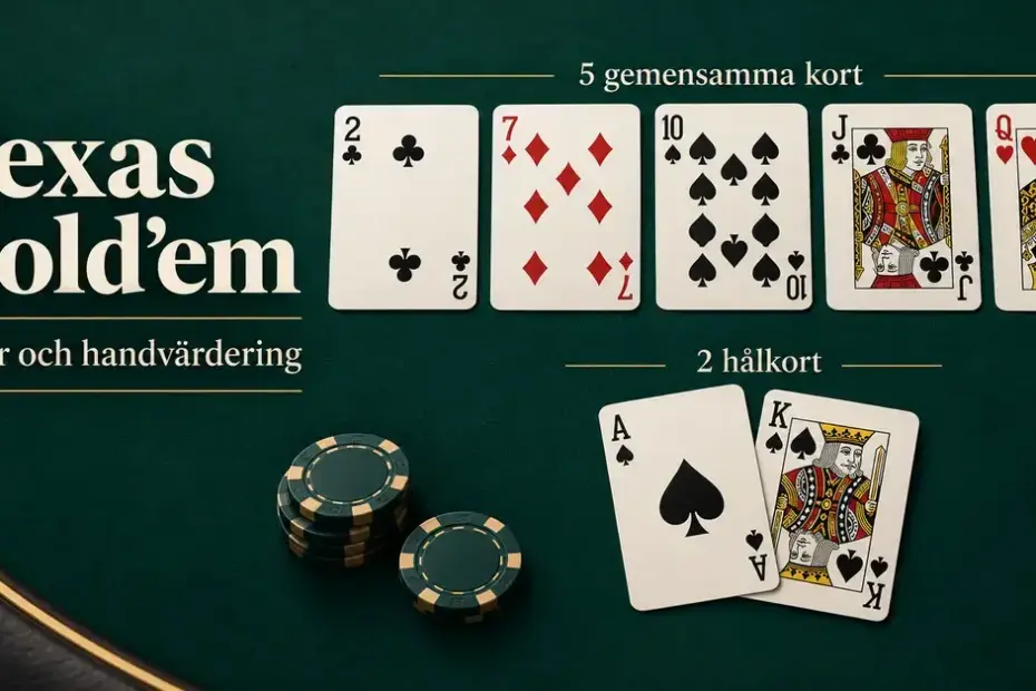 Illustration av Texas Hold’em med fem gemensamma kort, två hålkort och spelmarker på ett grönt pokerbord samt texten ”Regler och handvärdering”.