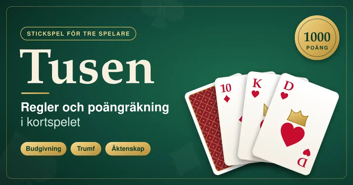 Grafisk bild för kortspelet Tusen med en solfjäder av spelkort – ett kort med baksidan upp, ruter tia, hjärter kung och hjärter dam – på ett grönt spelbord, ett guldmärke med texten "1000 poäng" och rubriken "Tusen – regler och poängräkning i kortspelet".