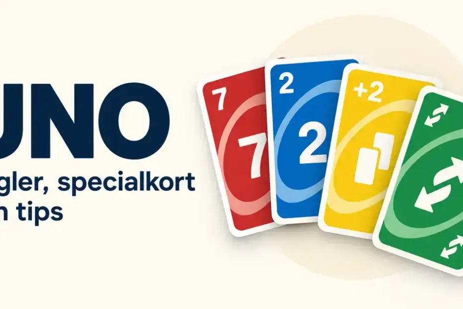 Fyra färgglada spelkort med siffror och specialsymboler bredvid texten ”UNO – Regler, specialkort och tips”.