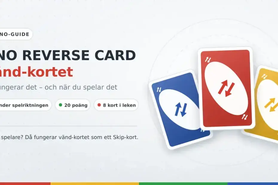 Illustration av UNO Reverse Card: tre färgade vänd-kort i rött, blått och gult med symbolen två motriktade pilar, bredvid rubriken "UNO Reverse Card – Vänd-kortet".