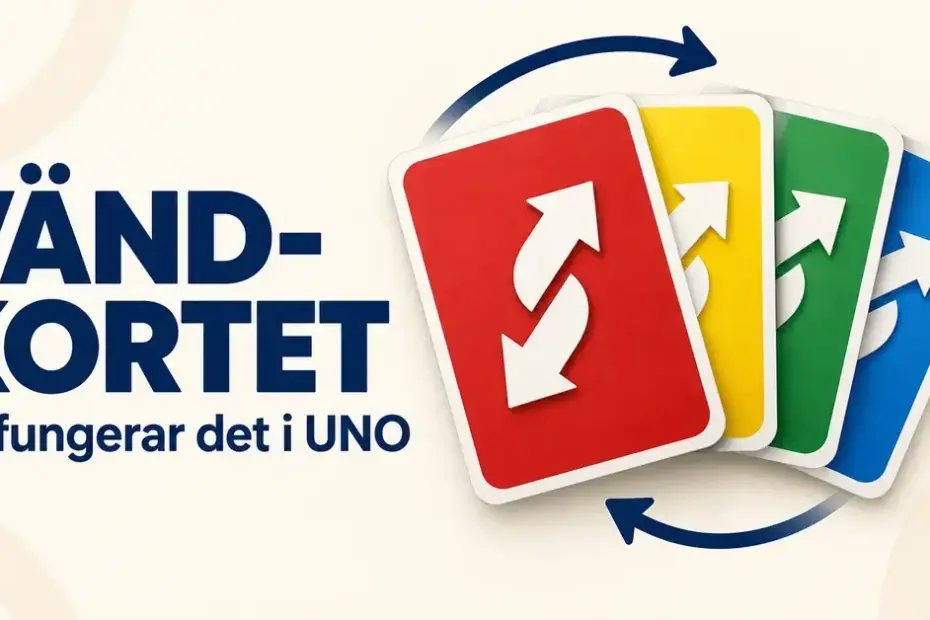Fyra färgade vänd-kort med motriktade pilar och texten ”Vänd-kortet – så fungerar det i UNO”.