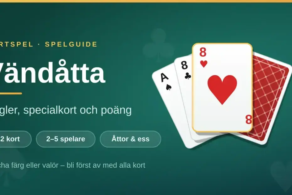 Grafik med rubriken "Vändåtta – regler, specialkort och poäng" bredvid en solfjäder av spelkort där hjärter åtta ligger överst.