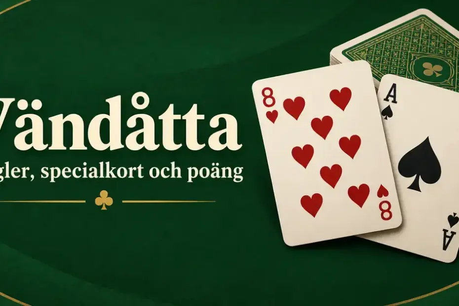 Hjärter åtta och spader ess framför en kortlek på grön bakgrund med texten ”Vändåtta – Regler, specialkort och poäng”.