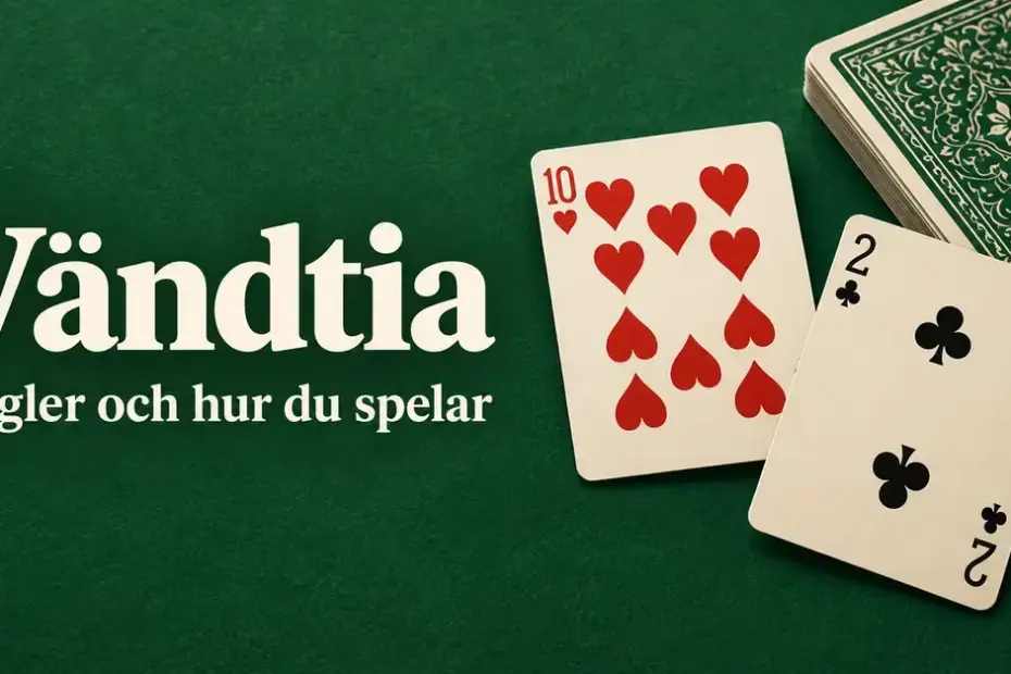 Hjärtertio och klövertvå bredvid en kortlek på grön bakgrund med texten ”Vändtia – Regler och hur du spelar”.