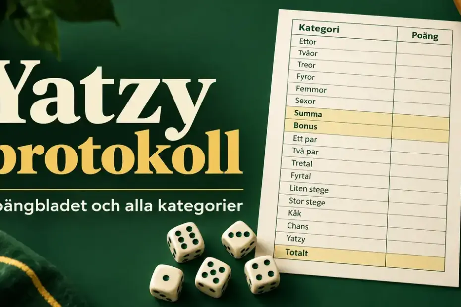 Yatzyprotokoll med alla poängkategorier, fem tärningar och en penna mot en mörkgrön bakgrund.